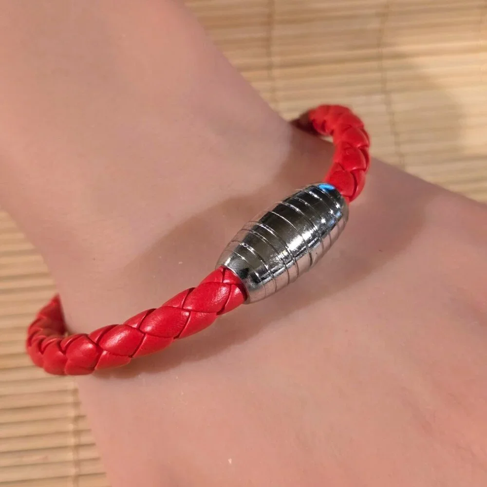 Braided Thick Red Vegan Leather Magnetic Clasp Bangle Bracelet